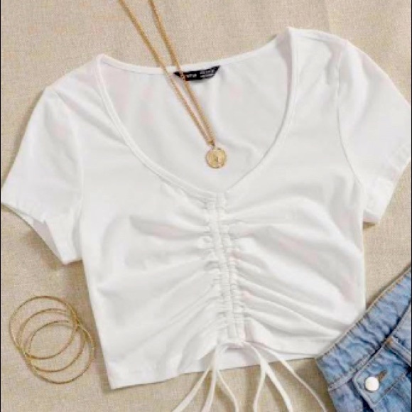 White drawstring rib-knit cropped tee - Picture 1 of 1